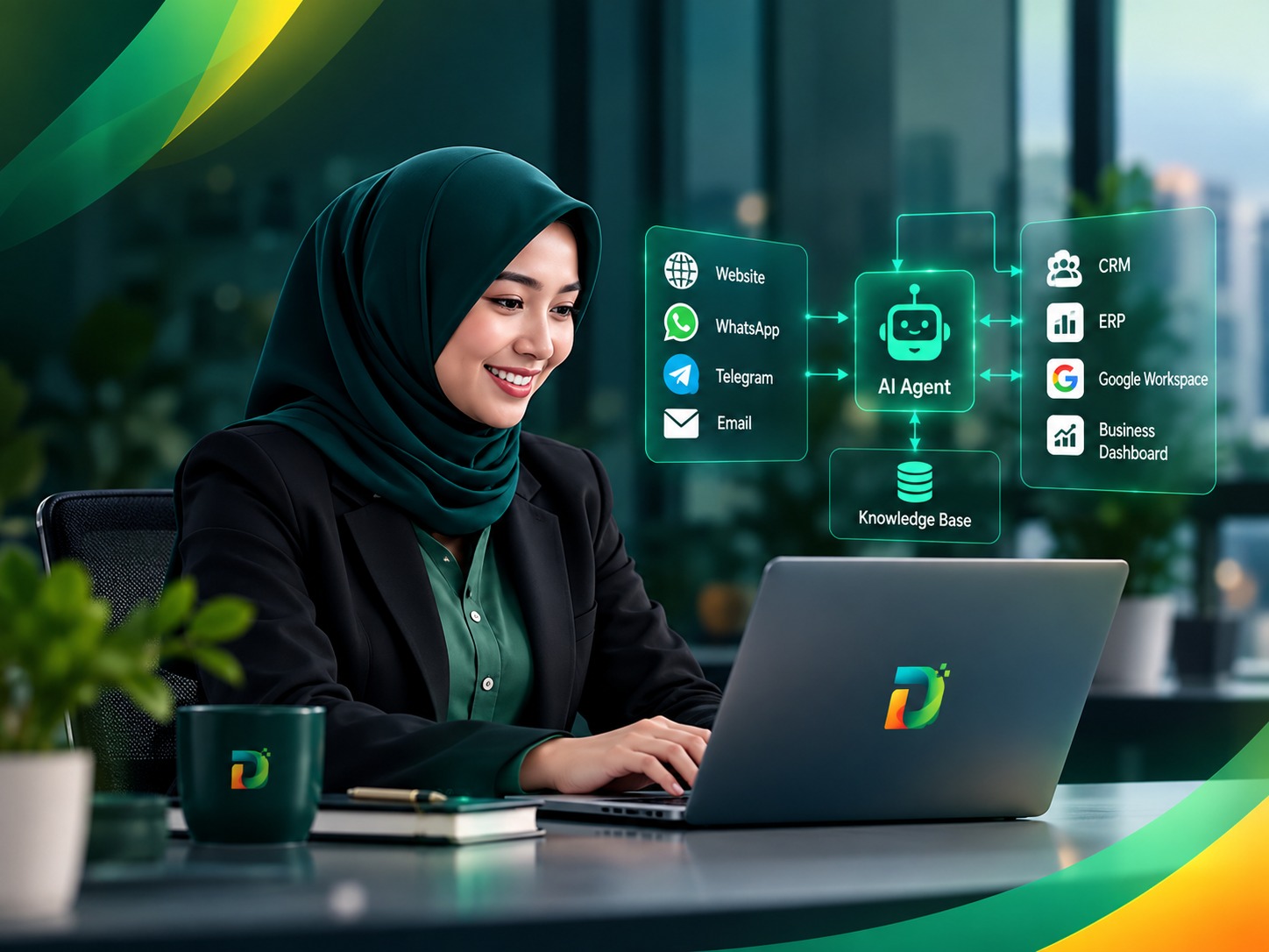 AI Agent Deltazign menghubungkan Website, WhatsApp, Telegram, Email dengan CRM, ERP, Google Workspace, dan Business Dashboard